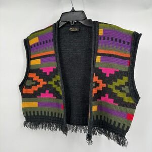 Women Boho Southwestern Sweater Vest Size L Tribal Fringe Festival Aztec Cropped